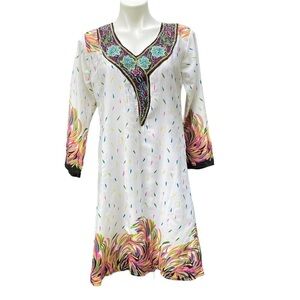 Choosy Cherry Boho Colorful Festival Tunic Style Beaded Neckline Dress S Large